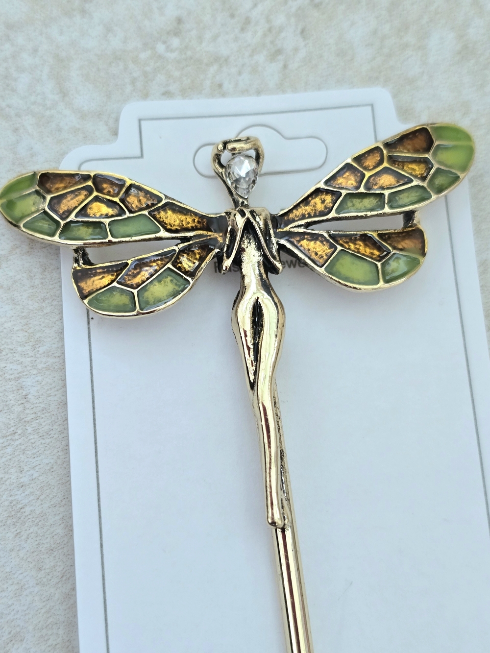 Gold Fairy Hairpin with Green Enamel Wings - Picture 2 of 2